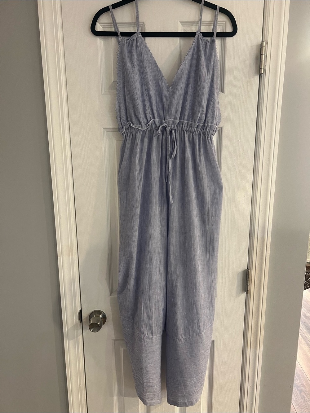 Muche et Muchette 100% Cotton Light Blue Striped Spaghetti-Strap Jumpsuit